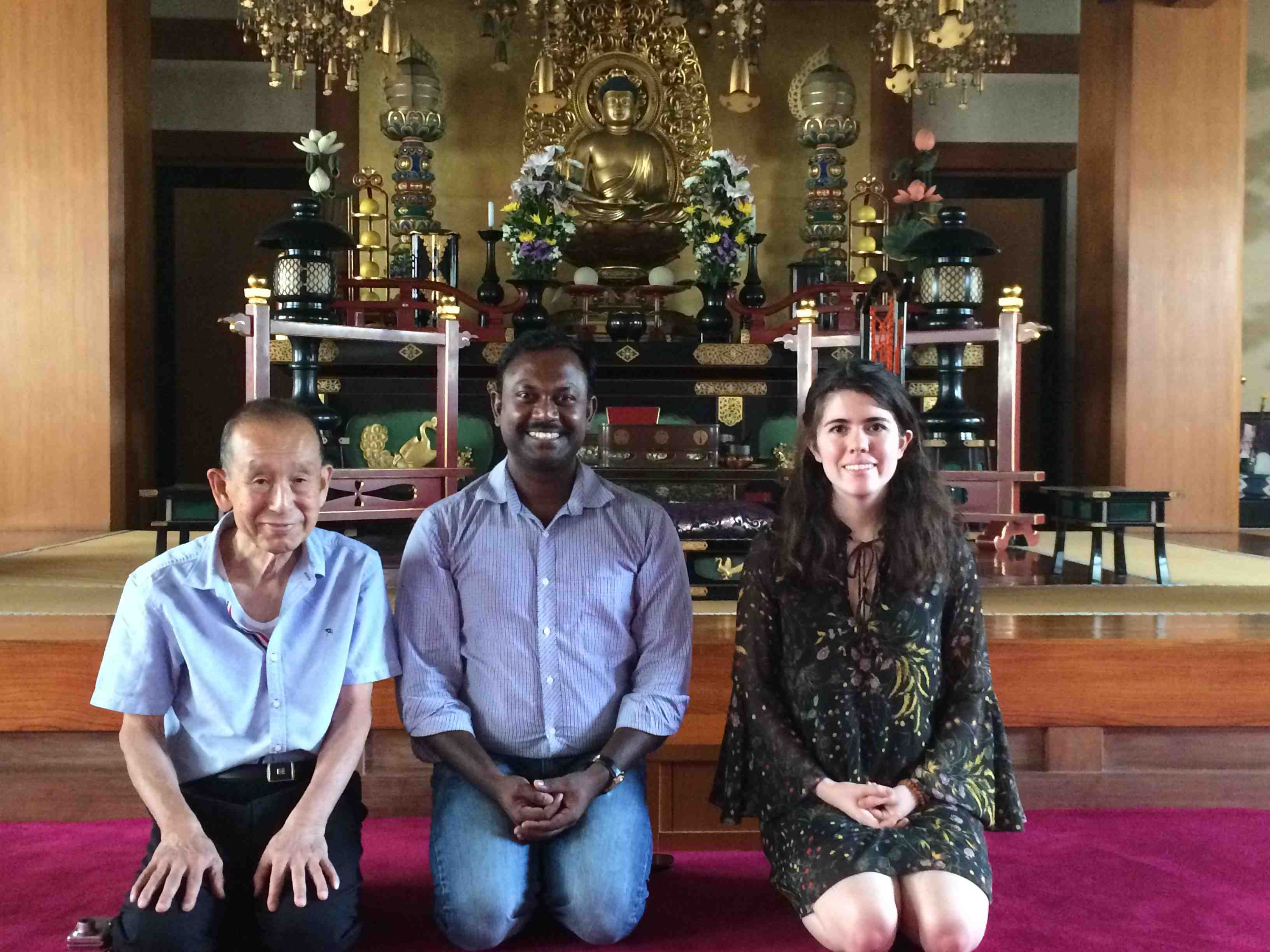 Gautham Prabhu with Rev. Ryojun Sato, a leading expert in Indian Buddhism in Japan, and Camille Rullan, IBEC/JNEB's first intern from Princeton University